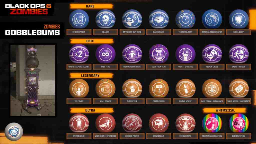A display of all Gobblegums coming to Call of Duty Black Ops 6 Zombies. All of different rarities & effects, such as Perkaholic, Free Fire, Anywhere But Here, & Immolation Liquidation.