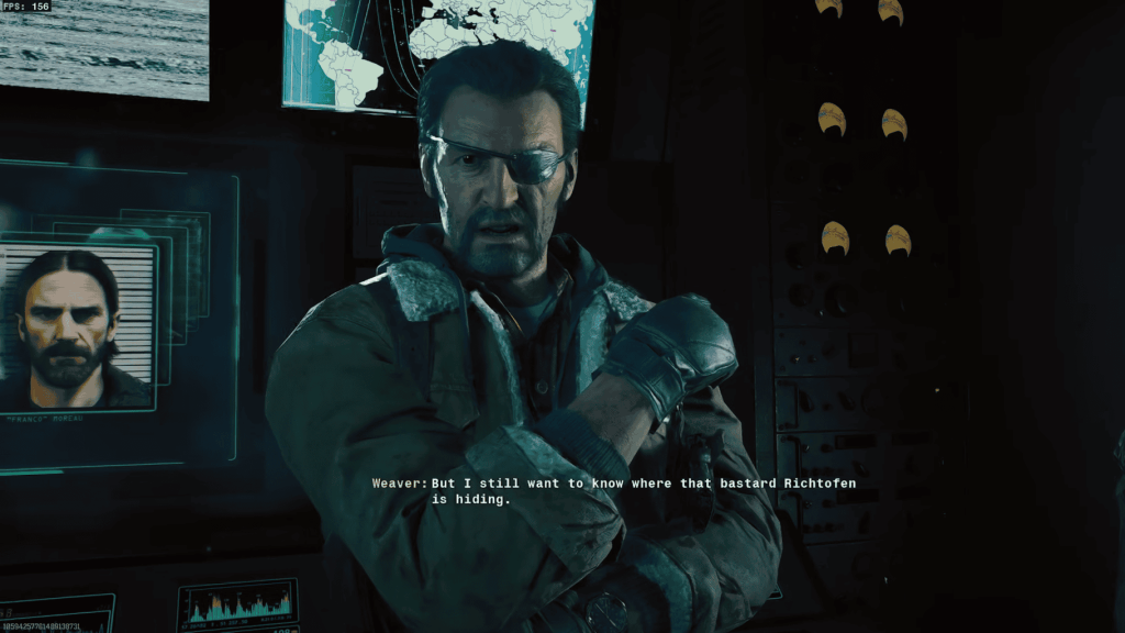Official Screenshot from Black Ops 6 Zombies Terminus Ending Cutscene of Weaver with Franco on the monitor behind him