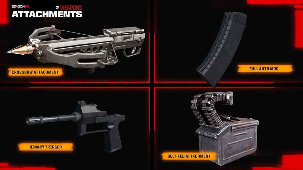 Call of Duty Black Ops 6 Season 2 Official Screenshot of the Season 2 Crossbow, Full Auto Mod, Binary Trigger, and Belt-Fed Attachments Collaged Together