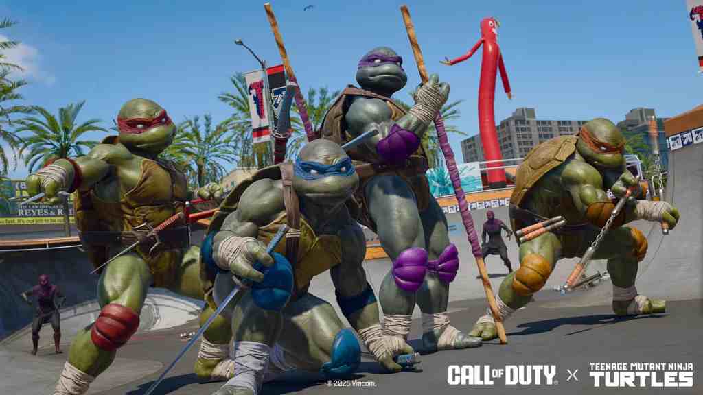 The four iconic Teenage Mutant Ninja Turtle Operators with their respective melee weapons on Grind Ooze. Black Ops 6 Season 2 Reloaded.