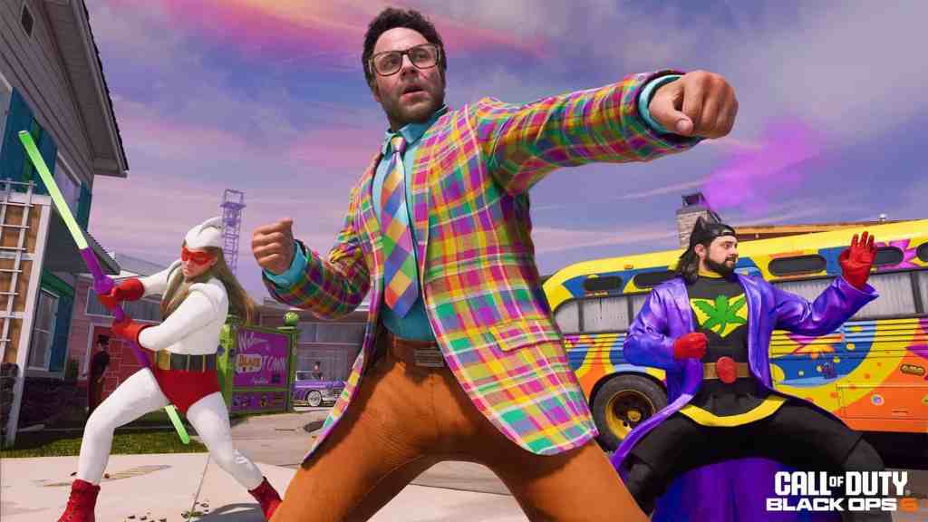 ‘Host Rogen’ Operator Skin standing in-front of Weedman & Psychosis Operator Skins on Blazetown Multiplayer map. - Black Ops 6 & Warzone Season 3 Reloaded.