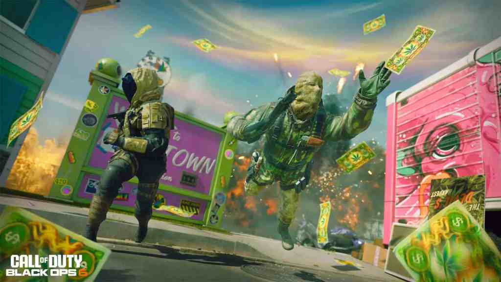 Two Operators collect ‘Blaze Bucks’ on the Blazetown Multiplayer Map during the ‘Blaze of Glory’ event. Black Ops 6 & Warzone Season 3 Reloaded.