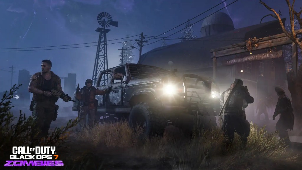 An image of Nikolai, Richtofen, Tank, & Takeo surrounding the new Wonder Vehicle, Ol' Tessie. Black Ops 7 Zombies.