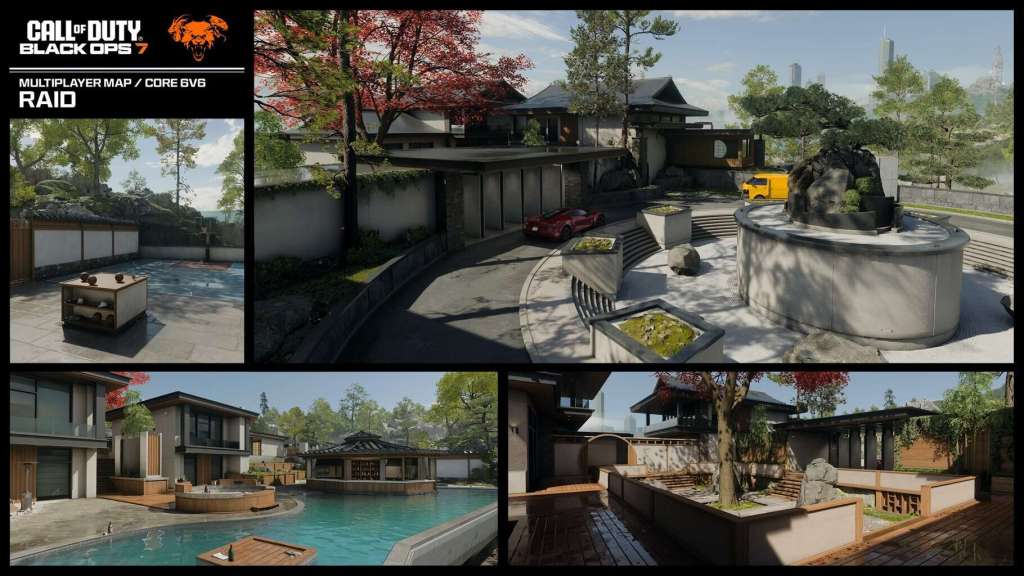 Screenshot of the new & returning Multiplayer Map, Raid. Call of Duty: Black Ops 7.