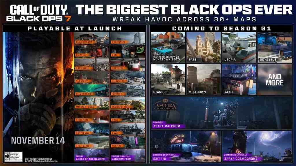 Image of the Season 1 Roadmap for Call of Duty: Black Ops 7, releasing on December 4th. 