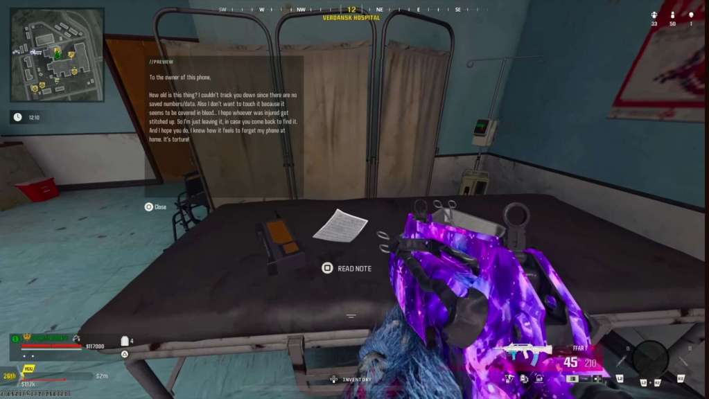 Screenshot of the Intel piece next to Stitch’s phone located in a Hospital in Verdansk.