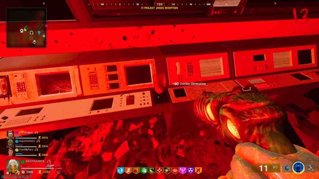 Screenshot of the red button in Spawn/Reception to interact with in Reckoning Zombies, Black Ops 6 Season 5.