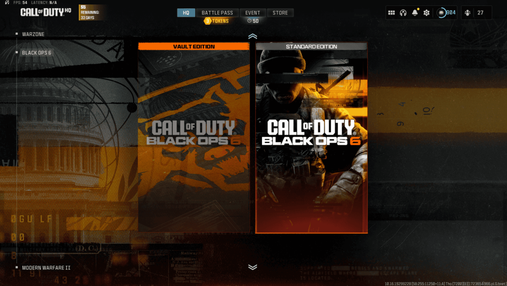 Call of Duty HQ menu showcasing Black Ops 6 Vault Edition and Black Ops 6 Standard Edition as selectable on the main menu