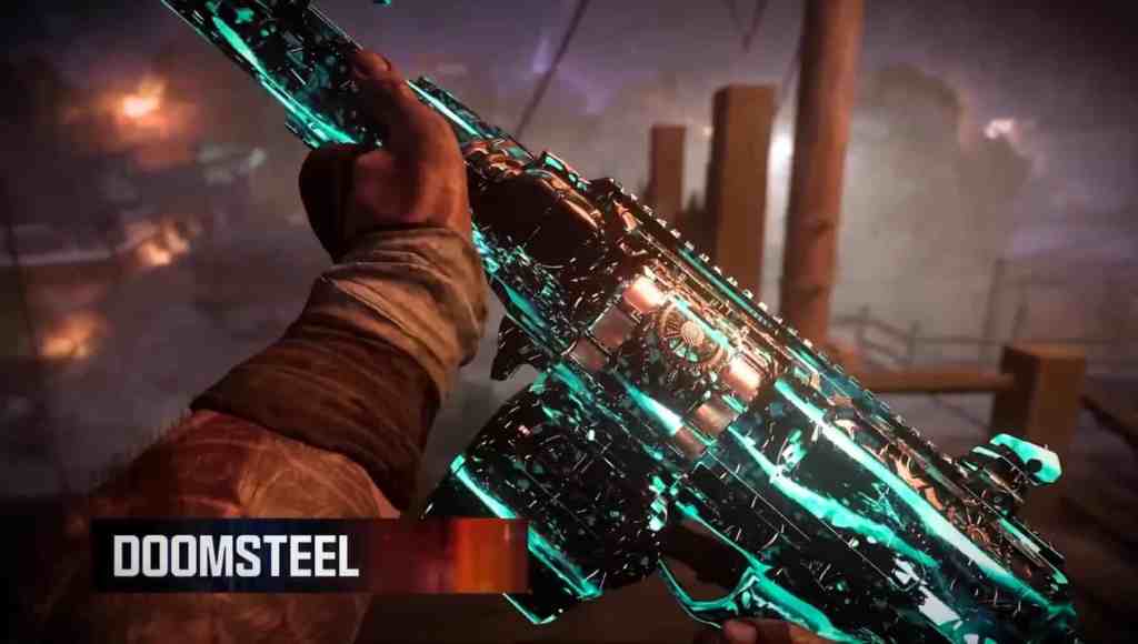 Screenshot of an operator holding a weapon with the Doomsteel camo! Call of Duty: Black Ops 7.