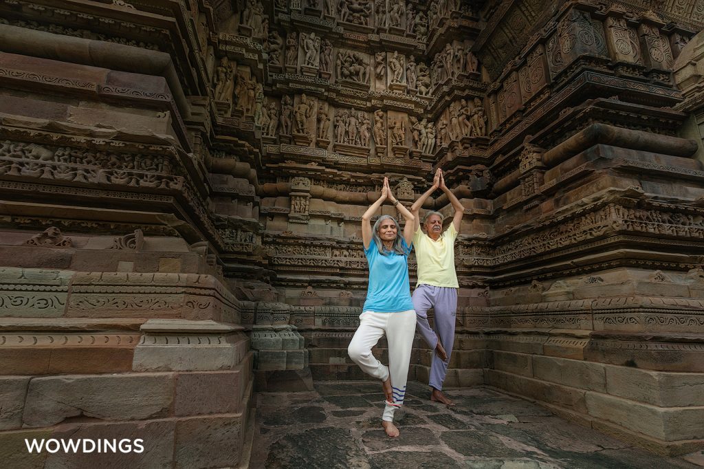 People do meditation in front of a hindu temple in Sanchi, travel photography