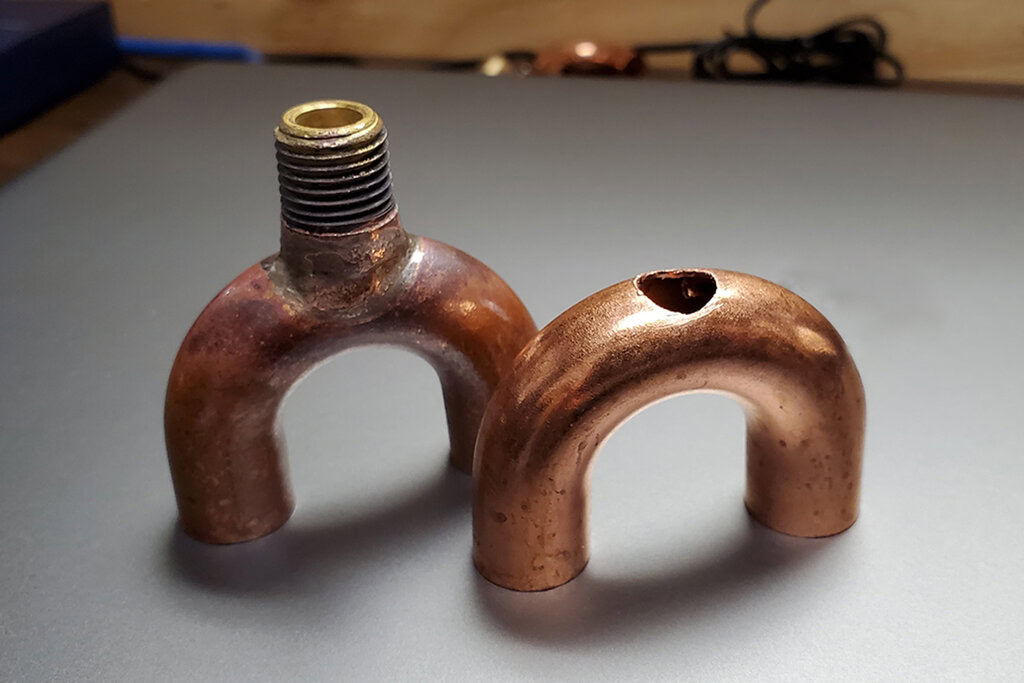 induction brazing of brass fitting to u-bend elbow before and after