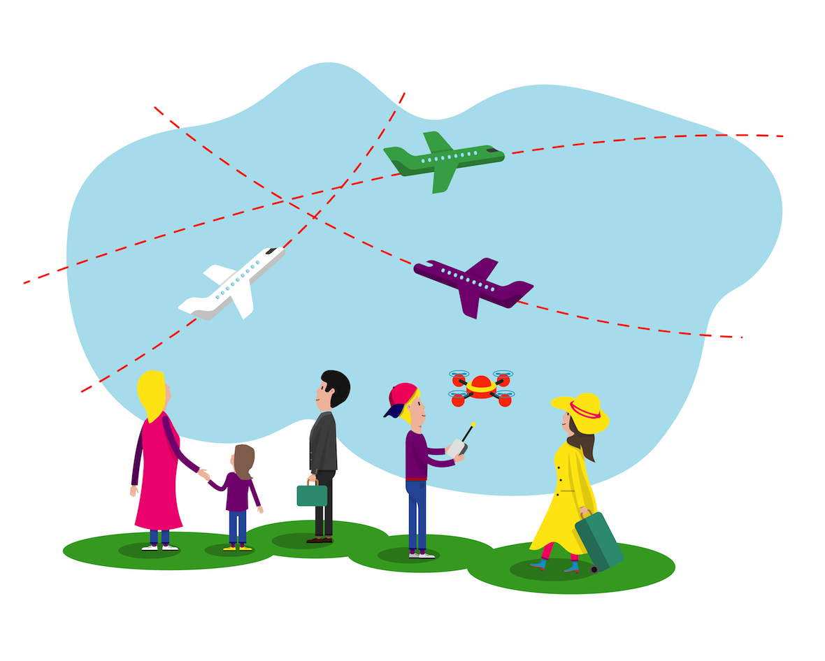 Illustration of Flightradar-Users and aicrafts above their heads.