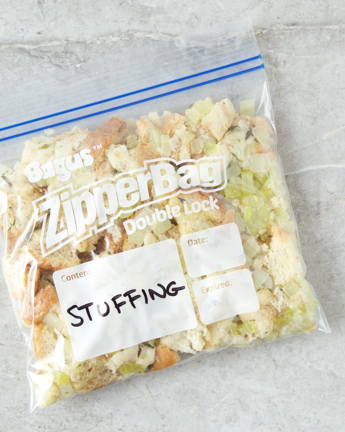 stuffing in a labeled freezer bag