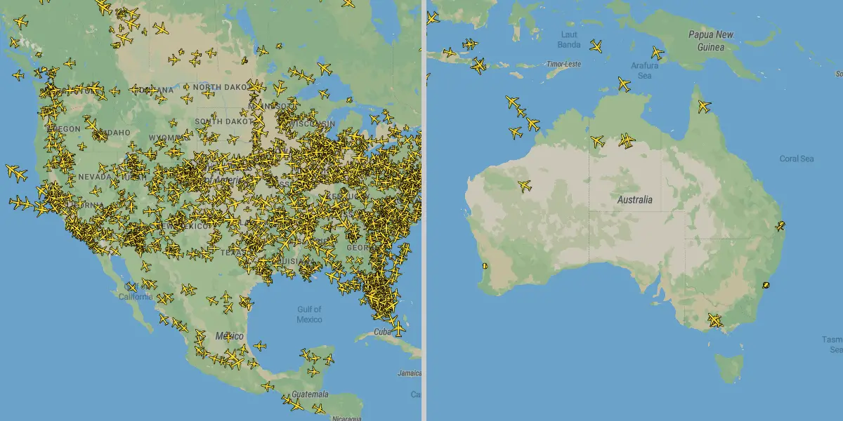 Large differences in air traffic become visible via Plane Finder: The airborne radar shows numerous flights over the USA, but only a few over Australia.