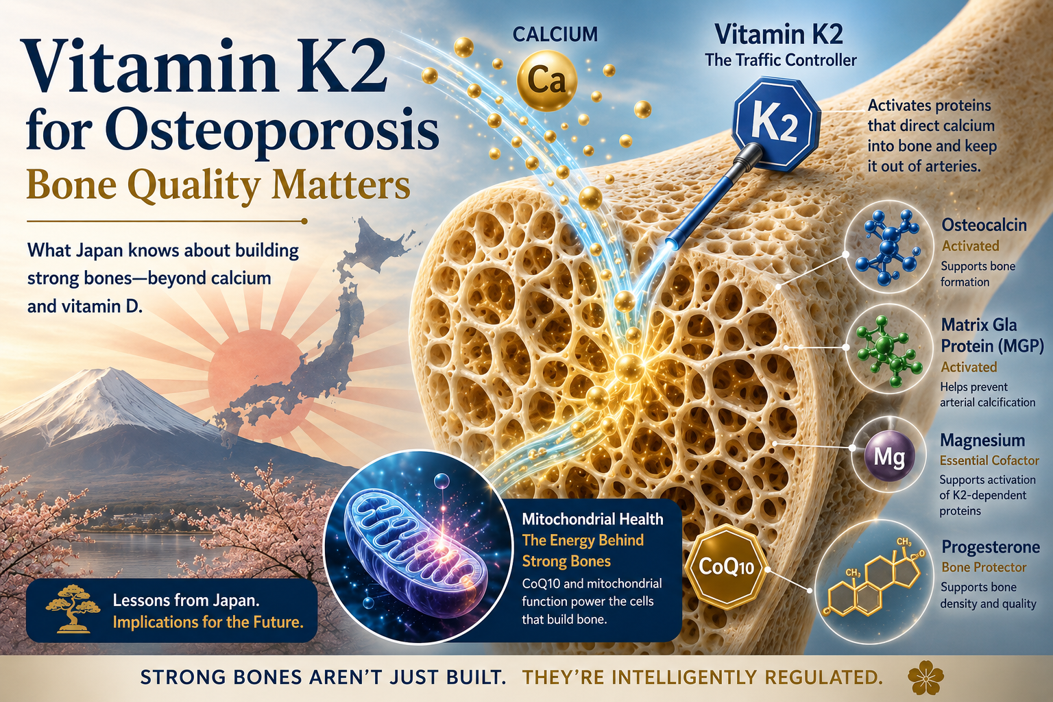 Vitamin K2 for osteoporosis illustration showing bone quality, osteocalcin activation, calcium regulation, progesterone, magnesium, CoQ10, and mitochondrial support.