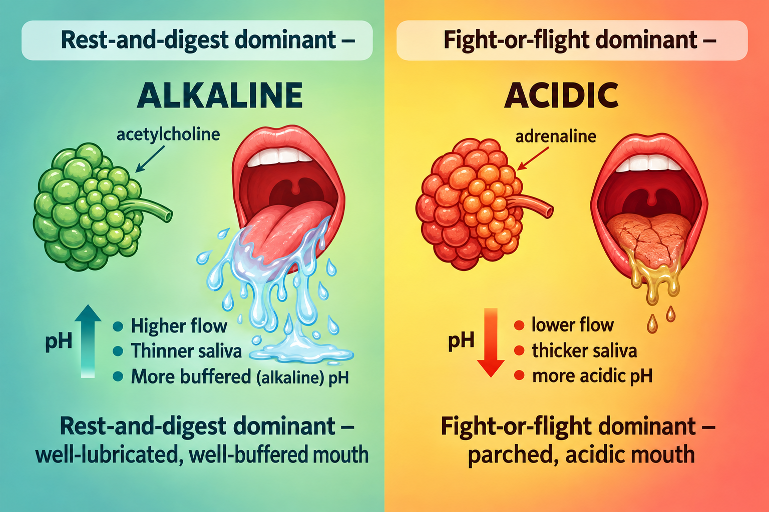 Illustration comparing the parasympathetic rest-and-digest state producing alkaline high-flow saliva with the sympathetic fight-or-flight state producing acidic low-flow saliva and dry mouth.