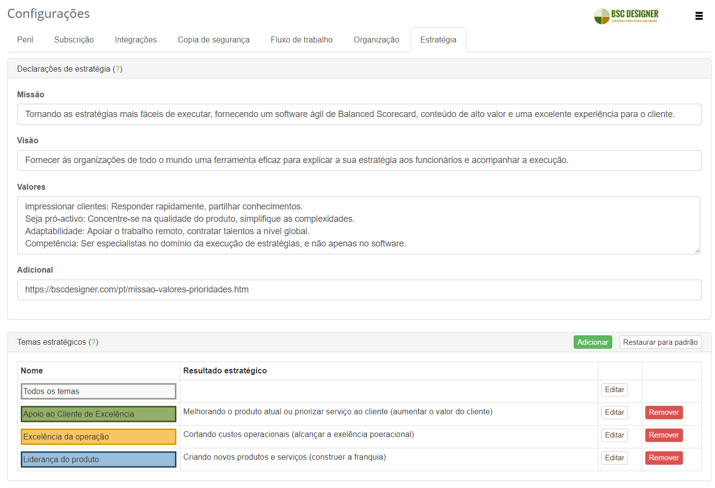 Um exemplo de missão, visão, valores - BSC Designer