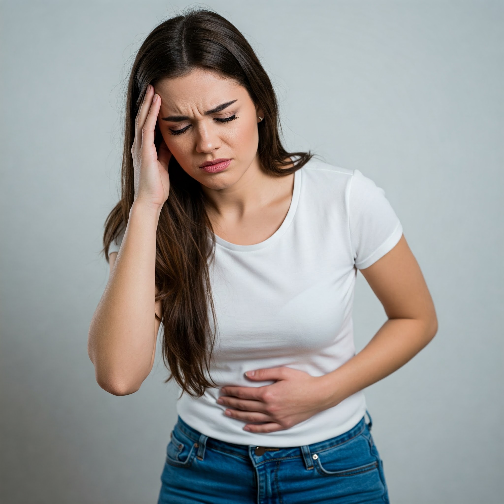 A young woman with brunette colored hair a white shirt and blue jeans having a headache and pelvic pains.