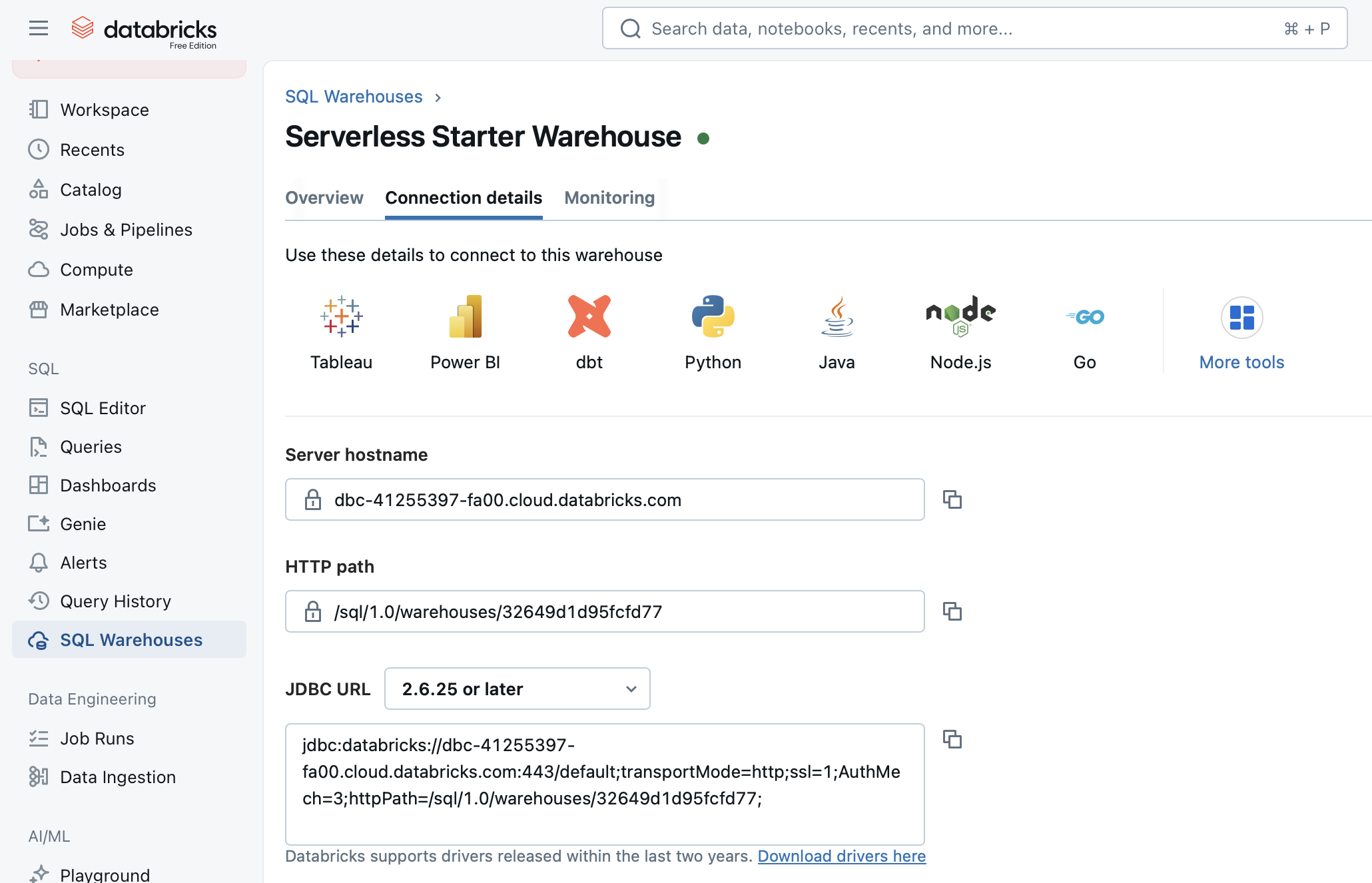JDBC settings of the Databricks data source
