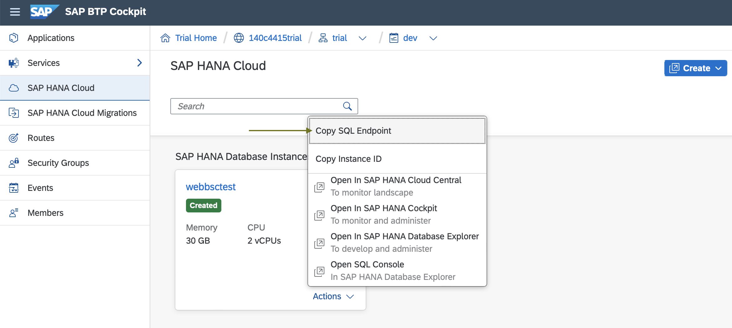 Copy SQL end point for SAP Hana database