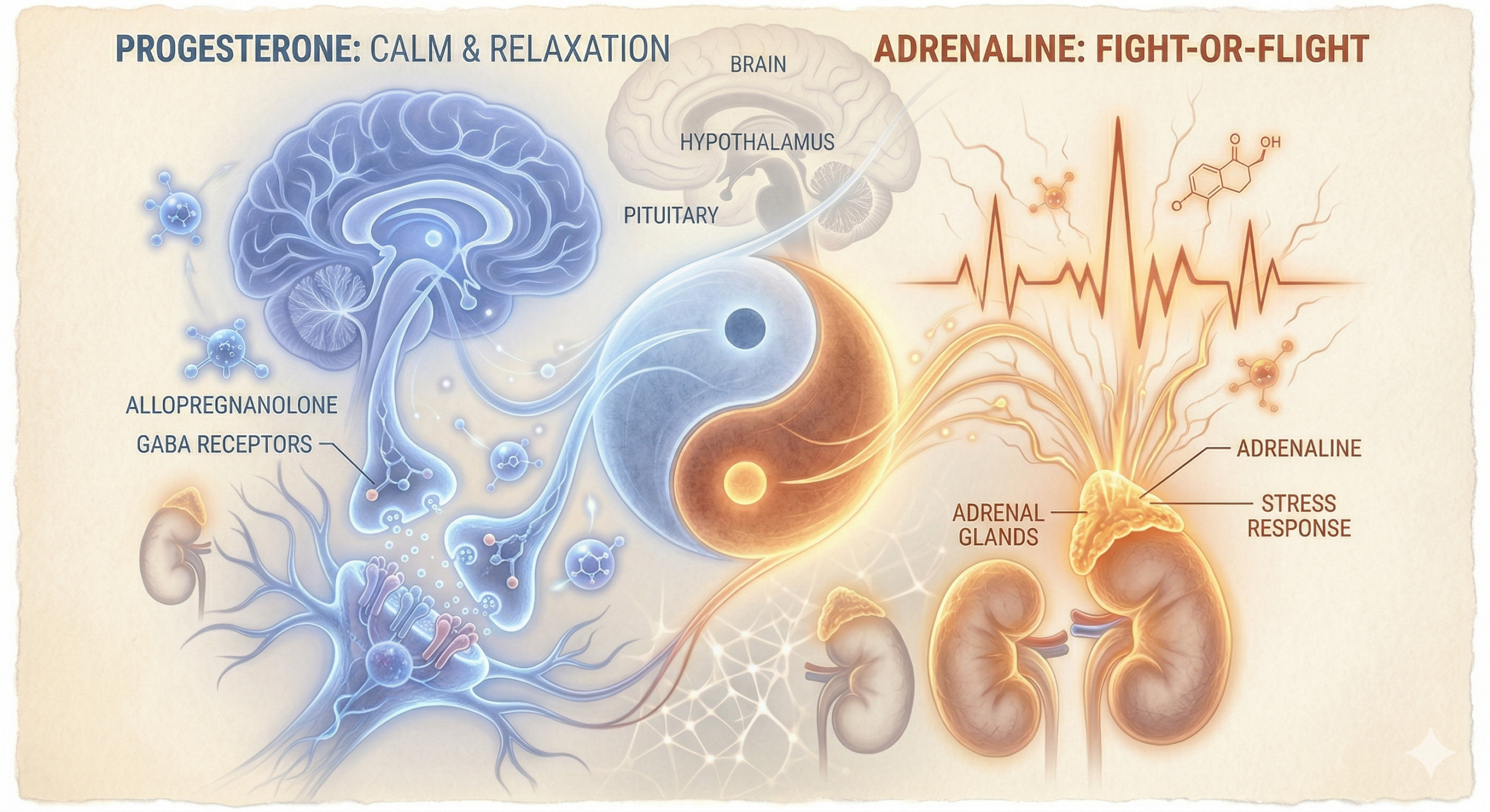 A light-toned medical illustration on a parchment-style background depicting the hormonal balance between progesterone and adrenaline. The left side features soft blue neural pathways and a brain labeled "Progesterone: Calm & Relaxation." The right side shows warm orange energy lines and adrenal glands labeled "Adrenaline: Fight-or-Flight." A central yin-yang symbol connects the two sides, illustrating a state of equilibrium.