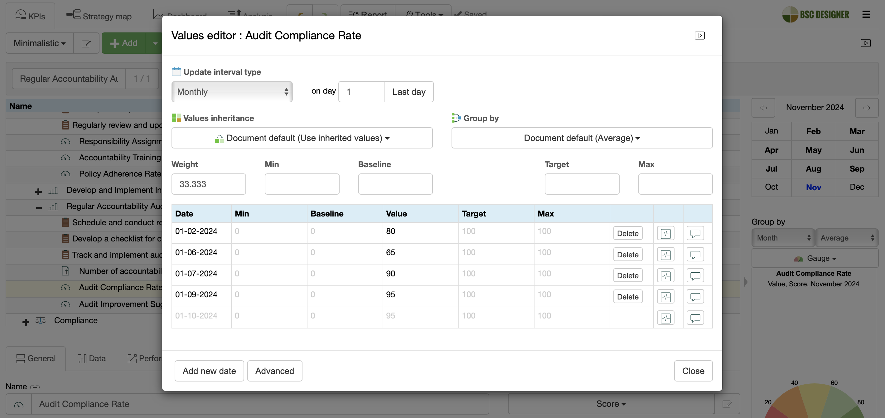O Editor de Valores com as configurações para o indicador Taxa de Conformidade da Auditoria.