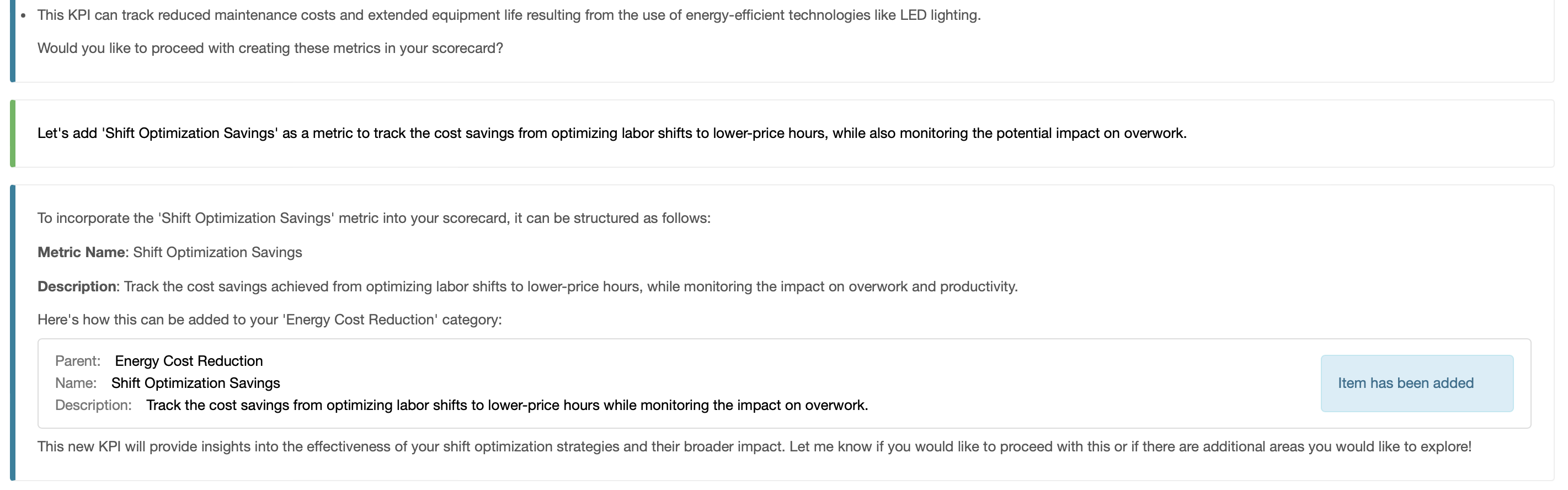 Sugestões do diálogo com a IA foram adicionadas ao scorecard