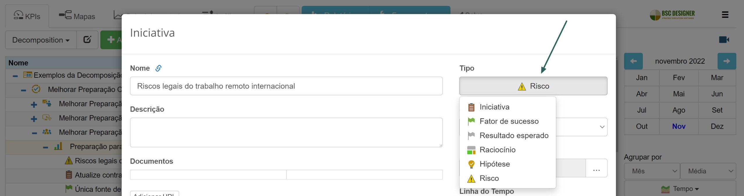 Mudar tipo de iniciativa por meio da lista de opções de tipo