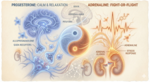 A light-toned medical illustration on a parchment-style background depicting the hormonal balance between progesterone and adrenaline. The left side features soft blue neural pathways and a brain labeled "Progesterone: Calm & Relaxation." The right side shows warm orange energy lines and adrenal glands labeled "Adrenaline: Fight-or-Flight." A central yin-yang symbol connects the two sides, illustrating a state of equilibrium.