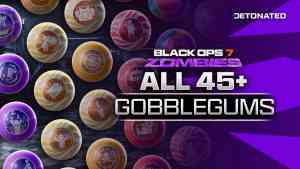 Multiple Gobblegums next to the Black Ops 7 Zombies Logo.
