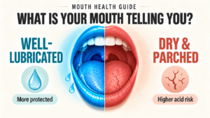 Split illustration comparing a cool blue, well-lubricated mouth with a red, dry and parched mouth.