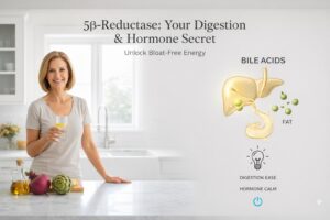 A middle aged woman in front of a table of healthy fruits and vegetables, off to the right is a illustration of a liver and a diagram explaining how it interacts with five beta reductase