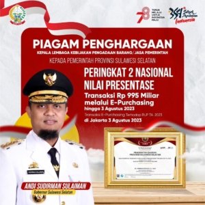E-Katalog Sulsel Meningkat Rp995 Miliar, Gubernur Diganjar Terbaik 2 Nasional dari LKPP