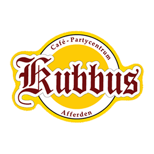 Bright yellow background with "Rubbus" logo, highlighting a vibrant cafe and party centre in Afferden, perfect for event hosting and community gatherings.