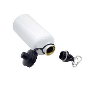 Borraccia con DOPPIO TAPPO a vite e moschettone Sublimatica in Alluminio BIANCO 500 ml. H 19 cm. Ø 7,3 cm.