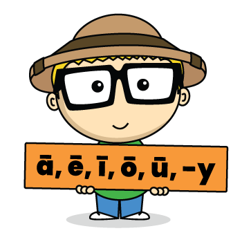 Albert holding a sign with long vowels a, e, i ,o, u and y