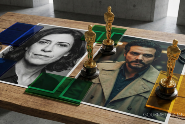 Retratos de Fernanda Torres em preto e branco e Wagner Moura em estética noir dos anos 1970 sobre mesa de madeira, cercados por estatuetas douradas do Oscar, rolos de filme e placas translúcidas em verde, amarelo e azul, simbolizando o Brasil no Oscar e o destaque do cinema brasileiro na temporada de premiações internacionais.