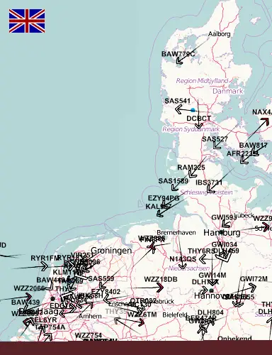 Aircrafts are depicted by arrowheads on a map in the flight radar.