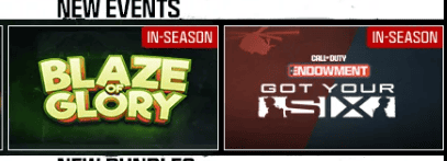 Screenshot of the Blaze of Glory Event Logo, & Call of Duty: Endowment: Got Your Six Event Logo, coming in Season 3 Reloaded, Black Ops 6 & Warzone.