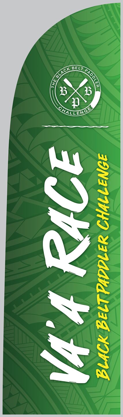 Tall green feather flag reading Va’a Race, Black Belt Paddler Challenge.