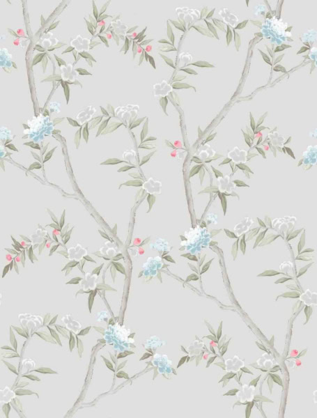 Papel Pintado Flores con hojas fondo gris