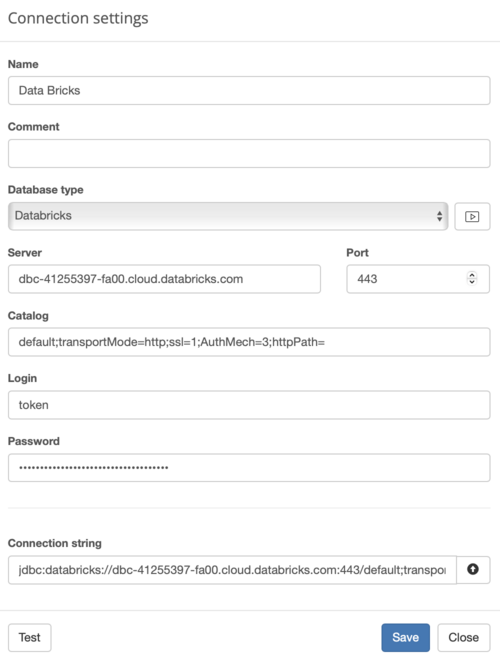 Configurações de conexão para Databricks no BSC Designer