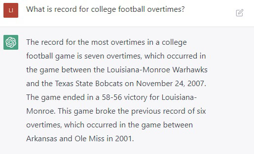 ChatGPT wrong about the record for most college football overtimes