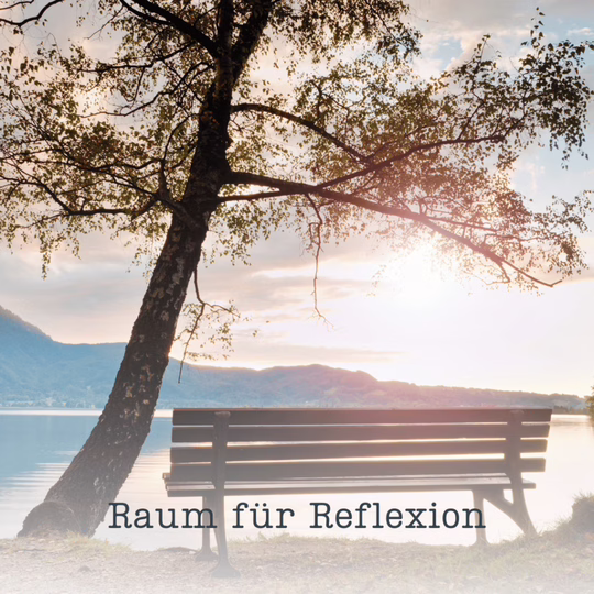 Raum für Reflexion – Eine Parkbank mit Blick auf einen See Parkbank unter einem Baum mit Blick auf einen See bei Sonnenuntergang, Raum für Reflexion