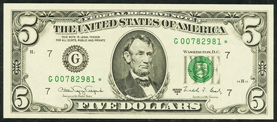 1995 Five Dollar Federal Reserve Notes FW