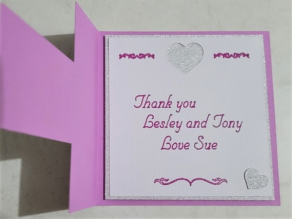 Inside of the T-Shaped thank you card created in Canvas Workspace using single lined font - Tuxedo