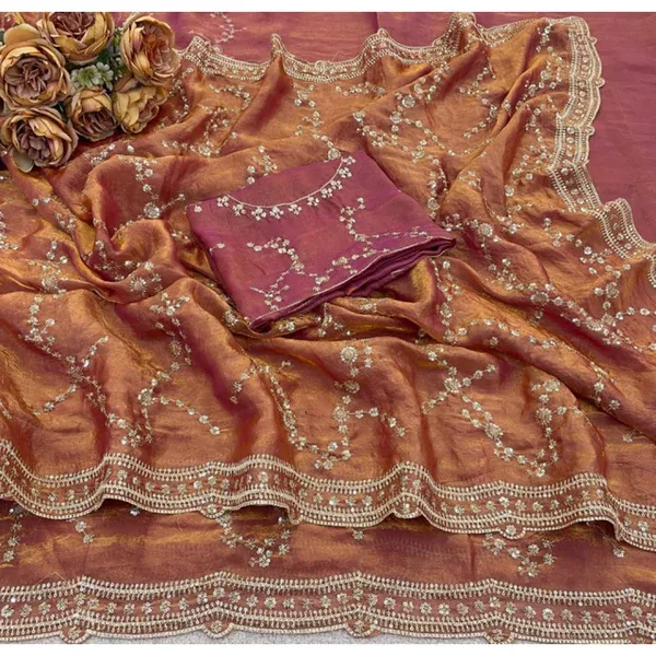 Women's Peach Silk Saree - Embellished 5.5 m with Blouse Piece - Image 2