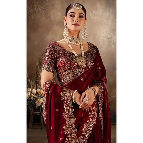 Maroon Silk Embroidered Saree with Unstitched Blouse Piece - 5.5 m - Image 1