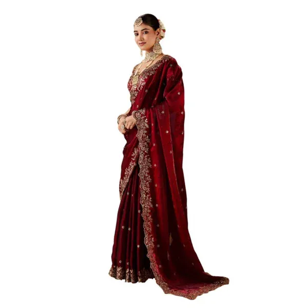 Maroon Silk Embroidered Saree with Unstitched Blouse Piece - 5.5 m - Image 7