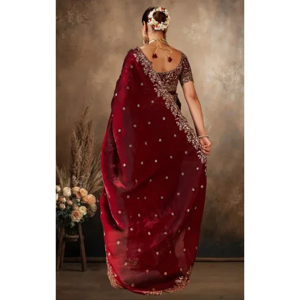 Maroon Silk Embroidered Saree with Unstitched Blouse Piece - 5.5 m - Image 6